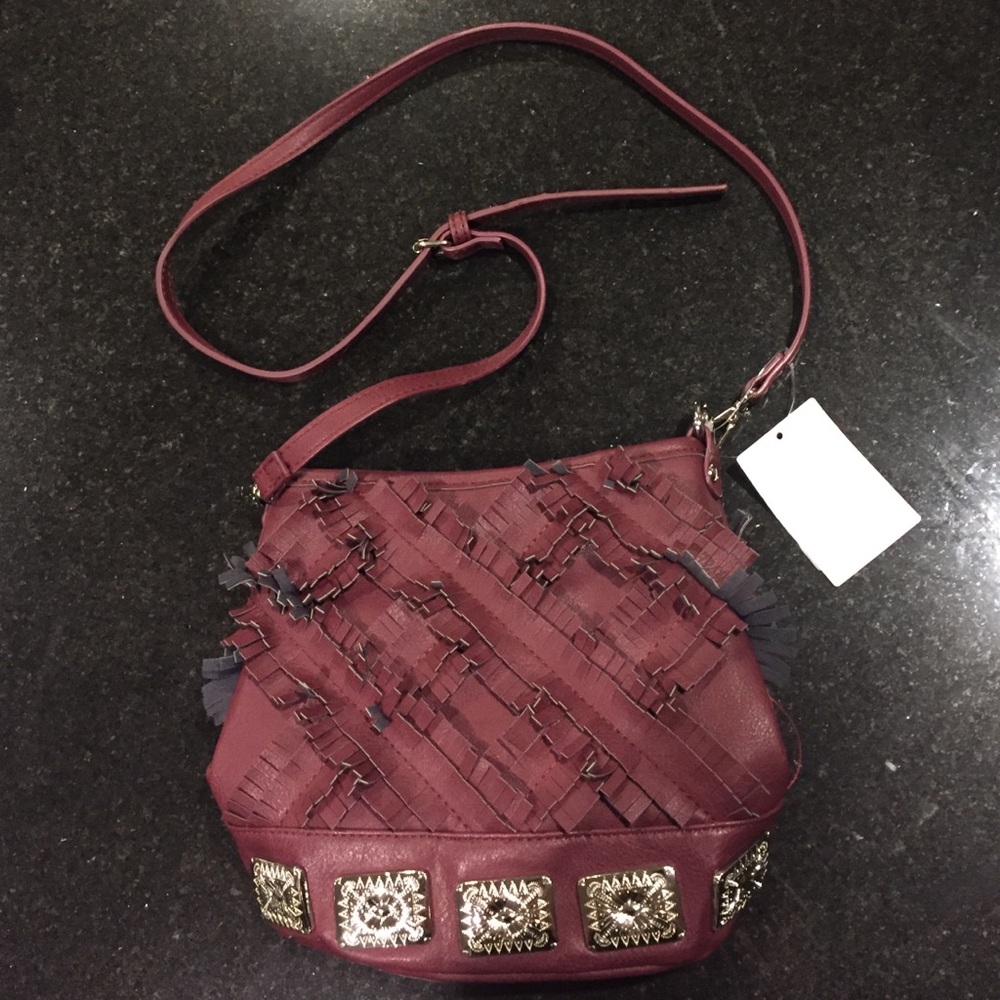 boho crossbody fringe flower maroon and silver